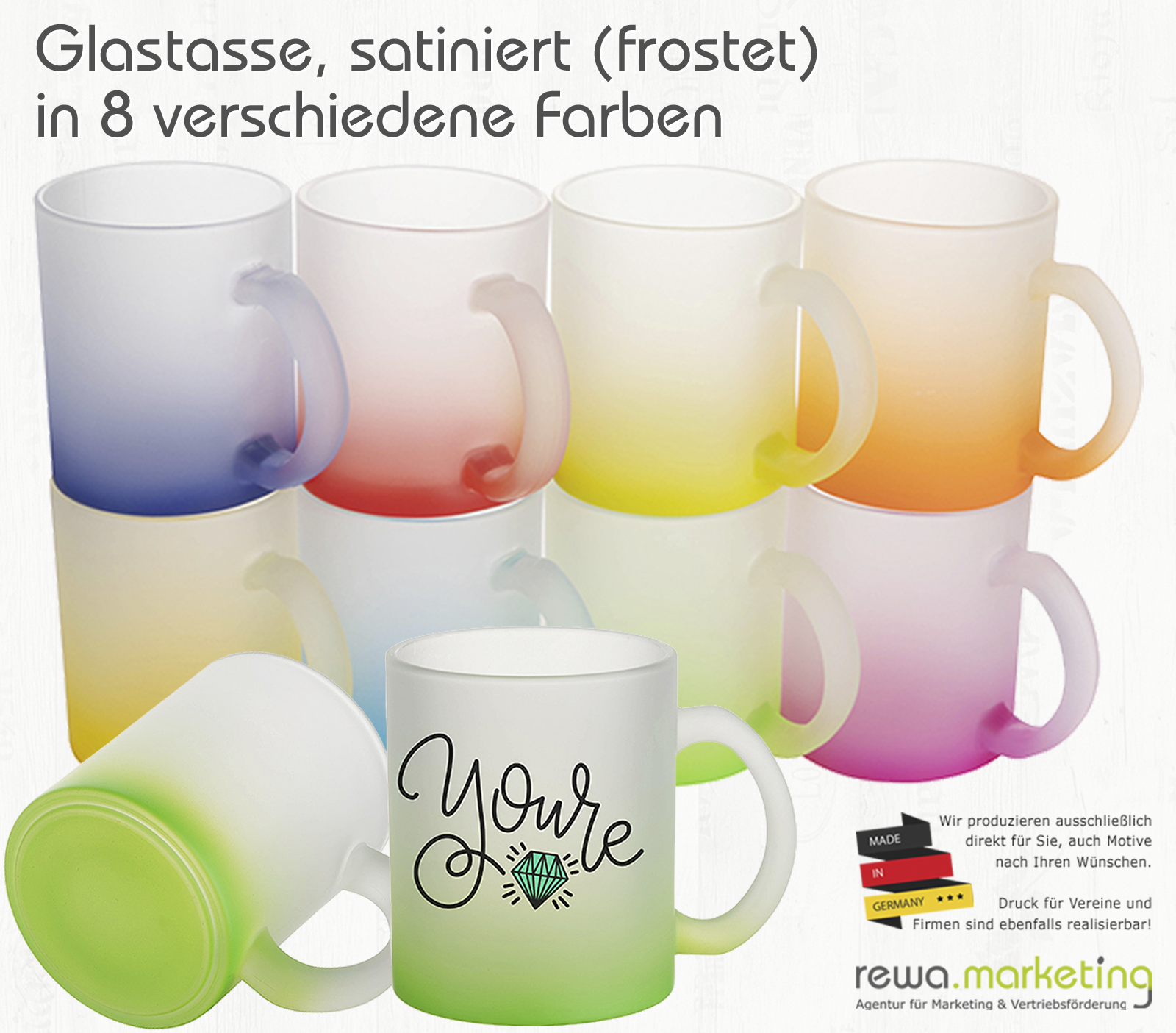 Regenbogen Glastasse satiniert mit Farbverlauf, inklusive Ihrem Wunschaufdruck als Geschenk