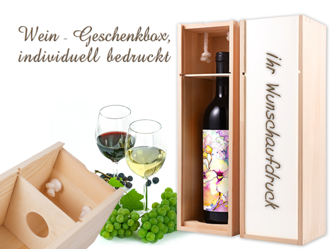 Wine bottle box made of wood including desired imprint