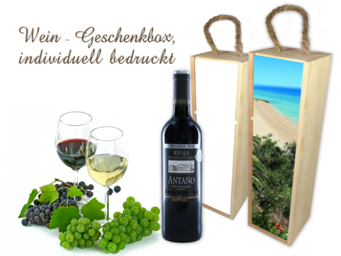 Wine bottle box made of wood including desired imprint